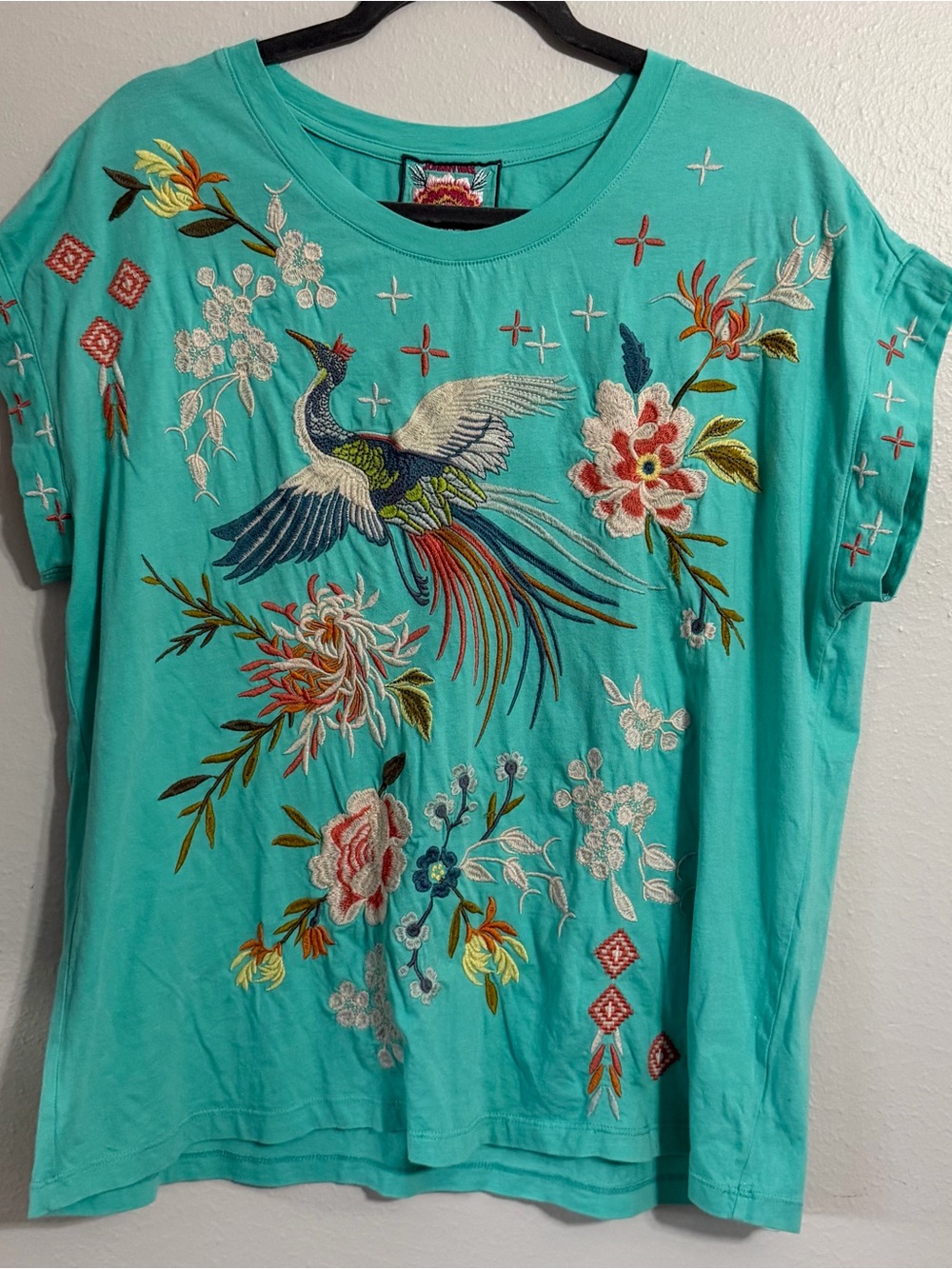 Johnny Was Embroidered Teal Tee Size Large